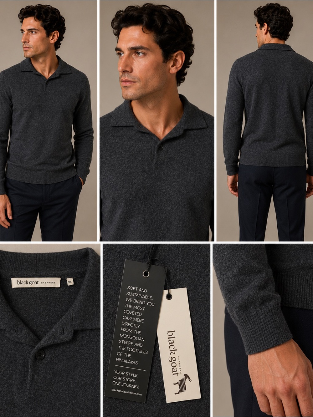 BLACK GOAT- Men's Dark Charcoal Cashmere Polo Sweater